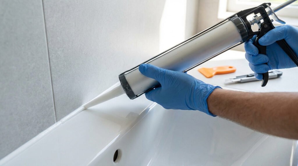 Une main gantée de bleu applique un joint silicone blanc avec un pistolet sur l'angle d'une baignoire et un mur carrelé.